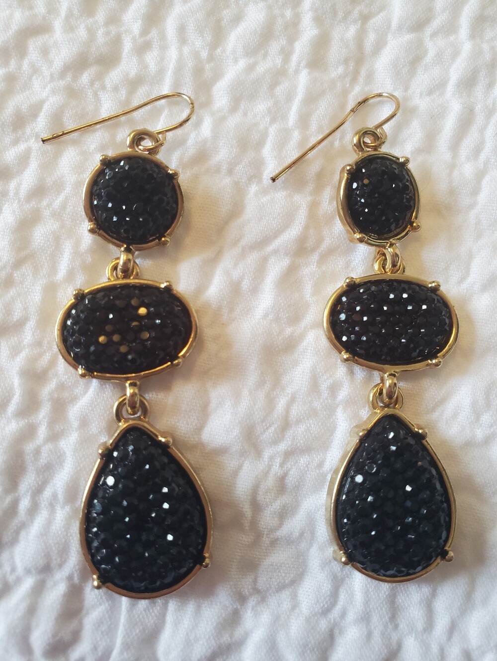 Gold-Tone Black Druzy Style Triple Drop Earrings